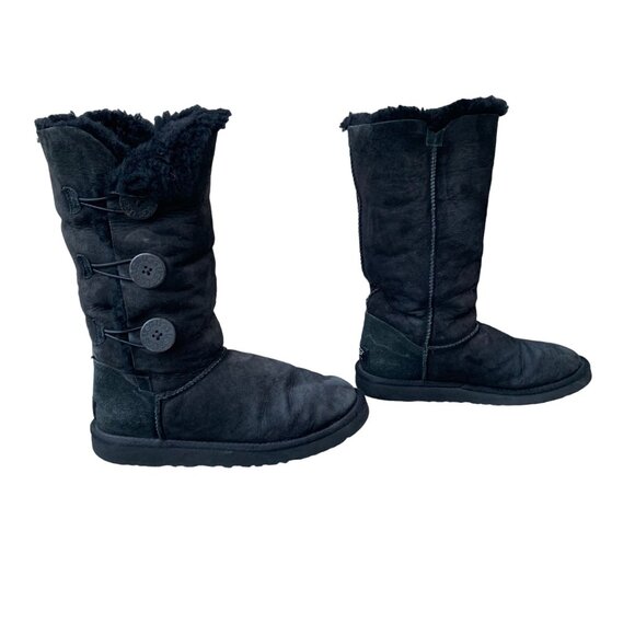 UGG AUSTRALIA Bailey Button Boots Womens 7 38 Black Suede High Boot Shearling - Picture 1 of 13